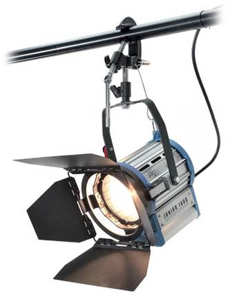Studio Fresnel light hanged by truss grid with baby pile clamp